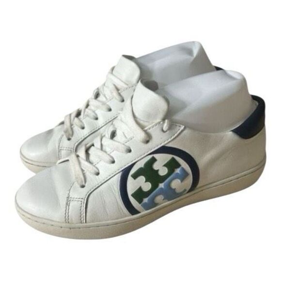 Tory Burch Leigh Green Blue T Logo Women Sneakers Size 5.5M White Leather Upper - Picture 2 of 11